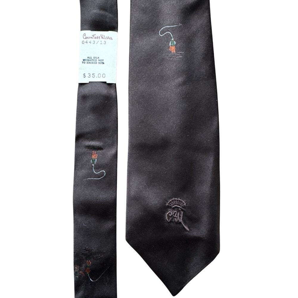 1950s Countess Mara Brown Silk Fisherman Novelty Tie Wide Necktie NWT